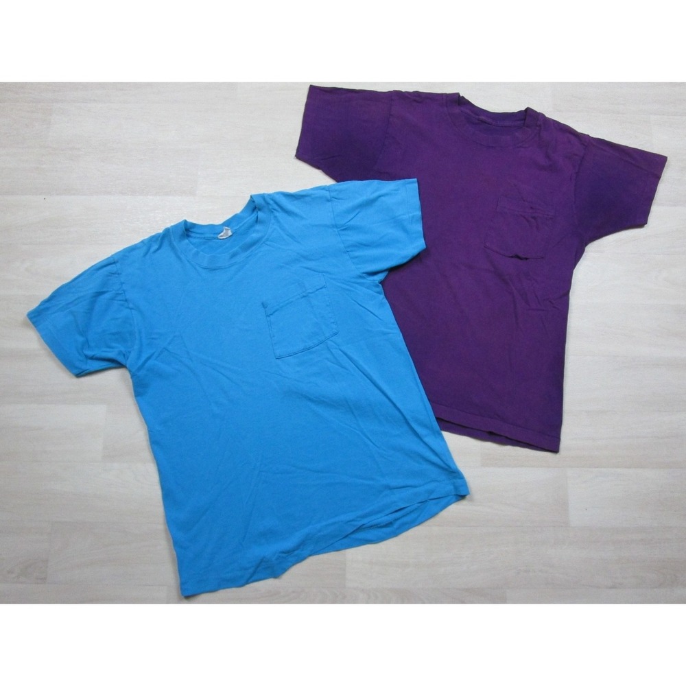 Vintage 80s Blank Pocket T Shirt Men's (M) Single Stitch Lot of 2 Blue Purple